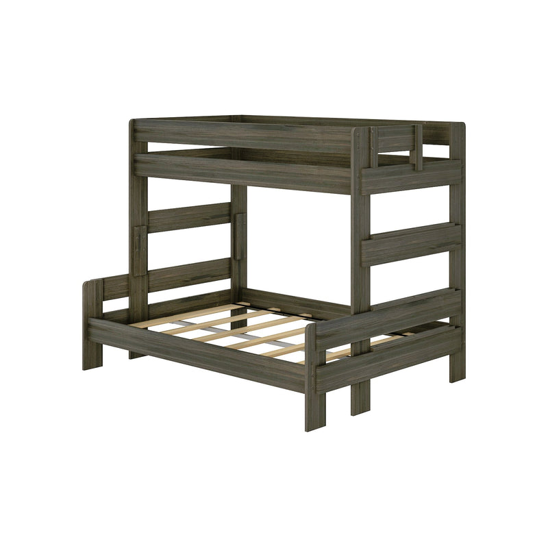 Gray wood twin-over-full loft bunk bed frame with safety rails and slatted mattress supports, modern kids' bedroom furniture