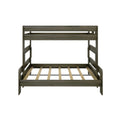 Modern gray wooden bunk bed frame with slatted mattress supports and guardrails, loft-style kids bedroom bunk with rustic finish