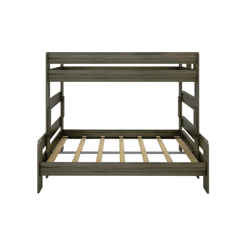 Modern gray wooden bunk bed frame with slatted mattress supports and guardrails, loft-style kids bedroom bunk with rustic finish