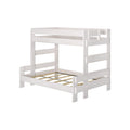 White wooden twin-over-full bunk bed frame with slatted platform, safety rails and built-in ladder — space-saving kids' bedroom furniture