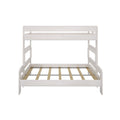 White twin-over-full wooden bunk bed frame with slatted platform, built-in ladders and safety rails — space-saving kids' bedroom furniture