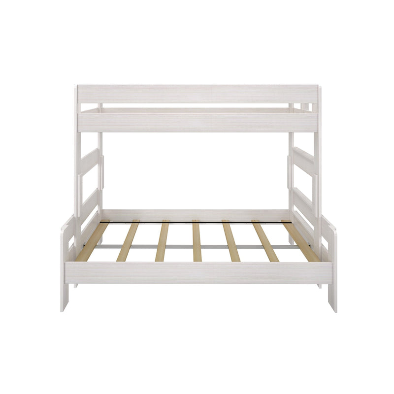 White twin-over-full wooden bunk bed frame with slatted platform, built-in ladders and safety rails — space-saving kids' bedroom furniture
