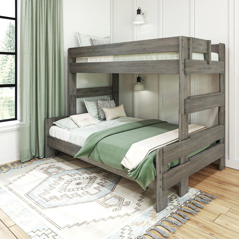 Wooden bunk bed with green bedding in a bright modern bedroom setting.