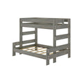 Gray wooden twin-over-full bunk bed frame with upper guardrails and slatted mattress supports, modern kids' bedroom furniture
