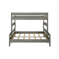 Gray wood twin-over-full bunk bed frame with guardrails and exposed wooden slats, modern rustic finish