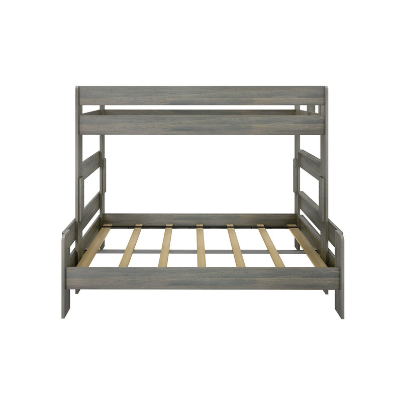 Gray wood twin-over-full bunk bed frame with guardrails and exposed wooden slats, modern rustic finish