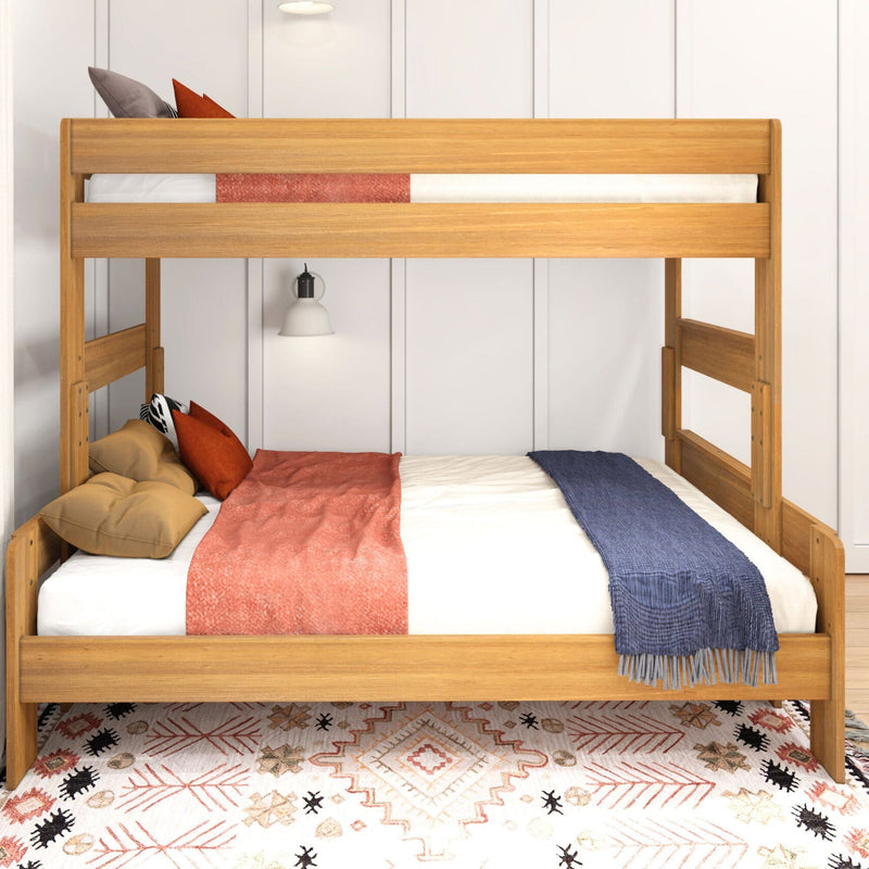 Wooden bunk bed with red and blue bedding in a modern bedroom setting.