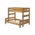 Natural wood loft bunk bed frame with top guardrails and slatted platform, twin-over-full style in oak finish for kids' bedroom