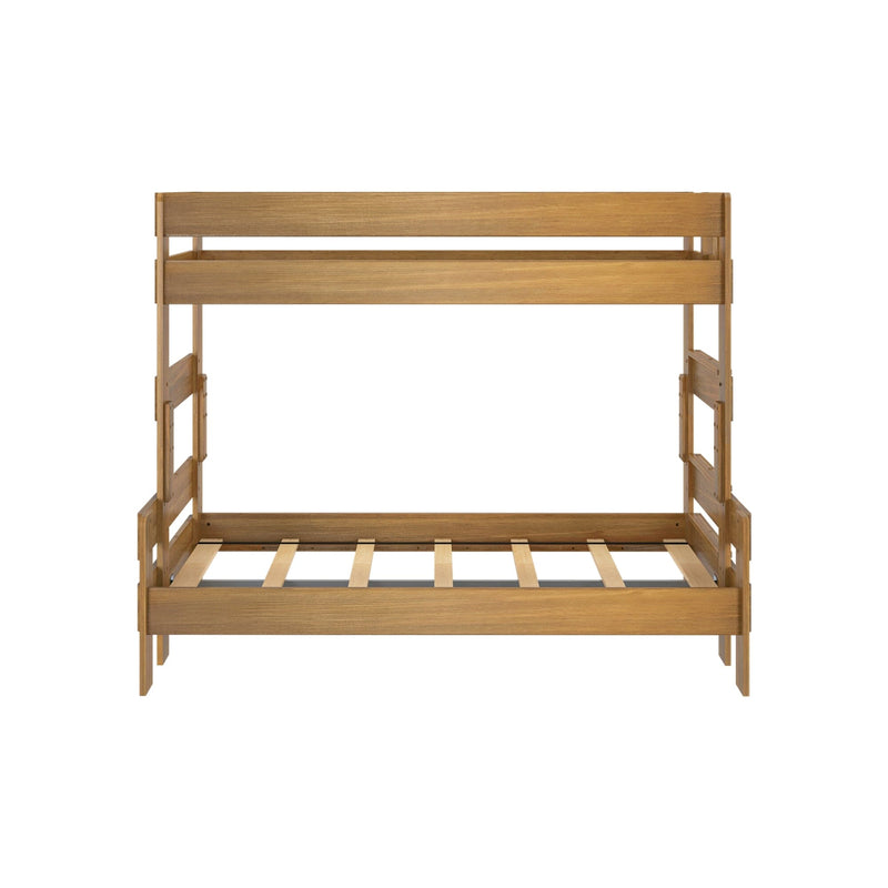 Wooden bunk bed frame with natural finish on white background.