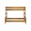 Natural oak wooden twin bunk bed frame with slatted platform, guardrails and ladder, modern minimalist design
