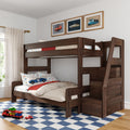 Dark wood twin-over-twin bunk bed with stairs in kids' bedroom, car-themed bedding and pillows, framed vintage car prints above, blue check rug and toy cars.