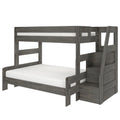 Gray wooden twin-over-full bunk bed with built-in staircase storage and modern farmhouse finish for kids' bedroom