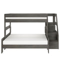 Gray wooden twin-over-full loft bed with built-in staircase storage, modern space-saving bunk bed for kids' bedroom