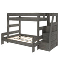 Twin-over-full grey wood bunk bed with built-in staircase storage drawers, slatted mattress support, safety rails and modern farmhouse finish for kids' bedroom