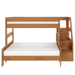 Oak-finish wooden twin-over-full bunk bed with built-in staircase storage drawers, space-saving modern kids bedroom furniture with full lower bed and safety rails