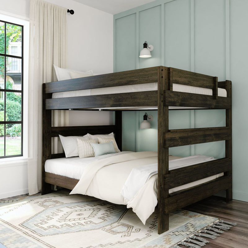 Rustic wooden bunk bed in modern bedroom with window view and cozy decor.