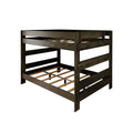 Dark brown solid wood bunk bed frame with safety guardrails and wooden slat mattress supports, modern rustic style
