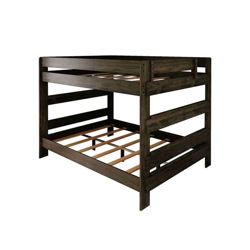 Dark brown solid wood bunk bed frame with safety guardrails and wooden slat mattress supports, modern rustic style