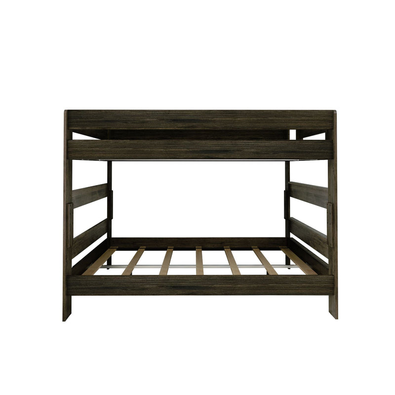 Modern dark wood bunk bed frame with slatted support design for kid's bedroom.