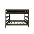 Dark rustic solid wood twin-over-full bunk bed frame with slatted platform base, guardrails and space-saving design for modern farmhouse or kids' bedroom