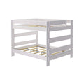 Whitewashed wooden loft bunk bed frame with safety guardrails and slatted mattress supports, modern space-saving kids' bedroom furniture