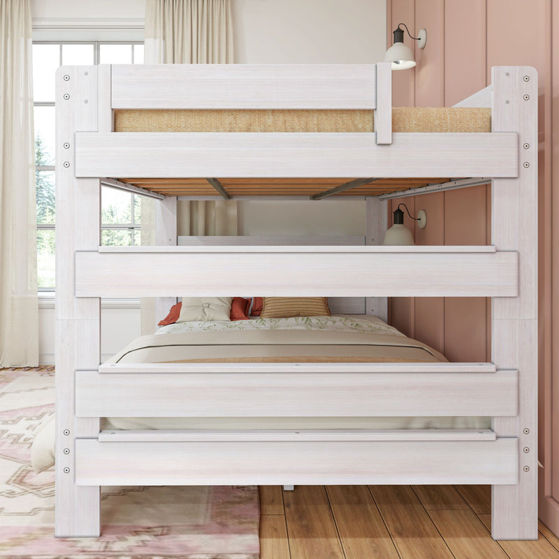 Whitewashed wooden loft bunk bed with neutral beige bedding, woven mattress trim, wall sconce and large window with beige curtains in a modern farmhouse bedroom