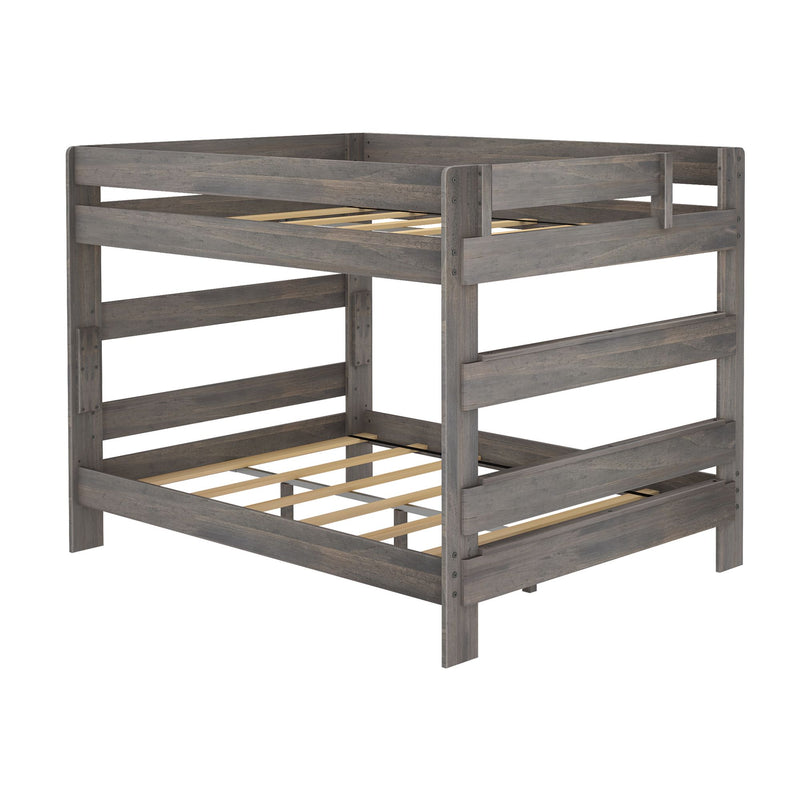 Gray wood twin-over-full bunk bed frame with safety guardrails, slatted mattress supports and rustic gray finish