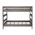 Gray wooden twin-over-twin bunk bed frame with slatted mattress supports, safety rails and rustic farmhouse finish