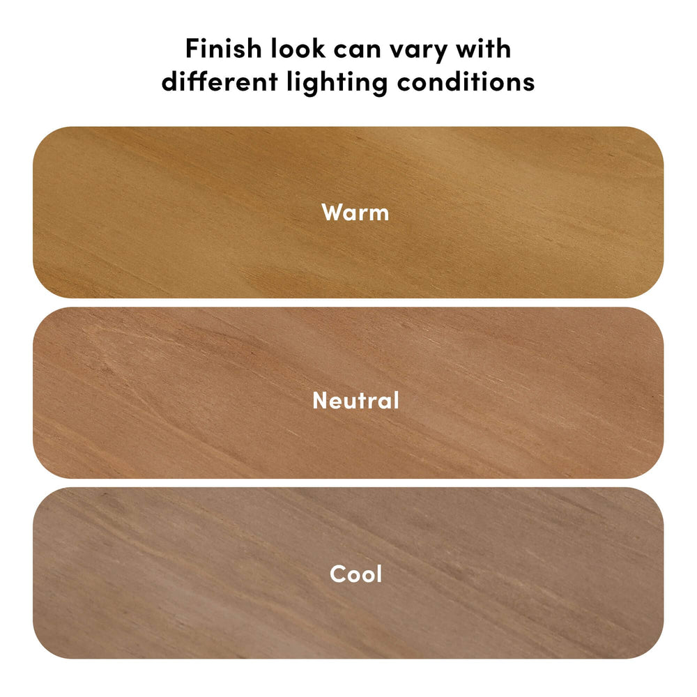 Wood finish color variations under different lighting conditions - warm, neutral, cool.