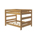 Natural wood twin-size loft bed frame with guardrails and slatted mattress base, light oak finish, modern bunk bed design