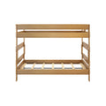 Natural oak twin-over-twin bunk bed frame with safety rails and wooden slatted platform