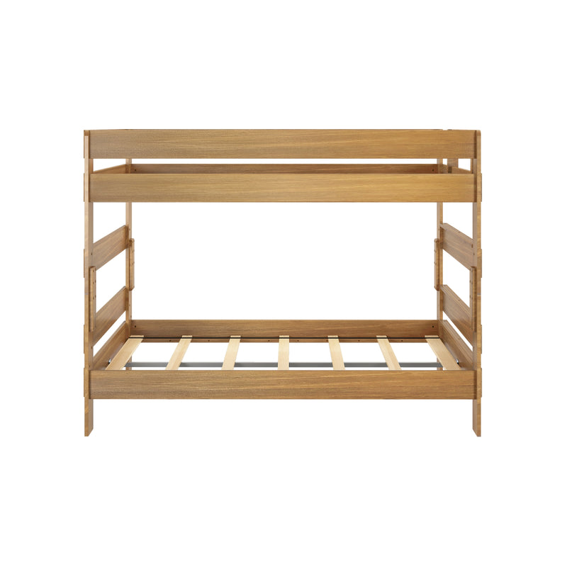 Natural oak twin-over-twin bunk bed frame with safety rails and wooden slatted platform