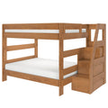 Solid wood twin-over-full bunk bed with built-in storage stairs, side guardrails, natural oak finish, space-saving kids' bedroom solution