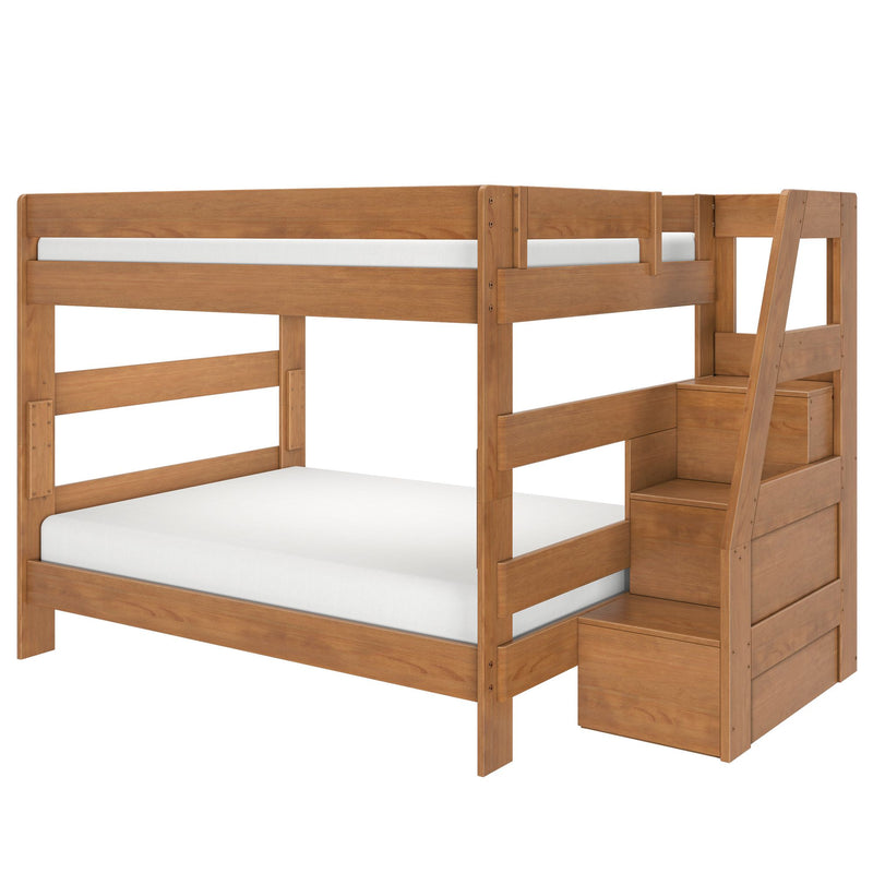 Solid wood twin-over-full bunk bed with built-in storage stairs, side guardrails, natural oak finish, space-saving kids' bedroom solution