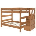 Solid wood twin-over-full bunk bed with built-in staircase drawers, natural wood finish, space-saving kids' bedroom storage
