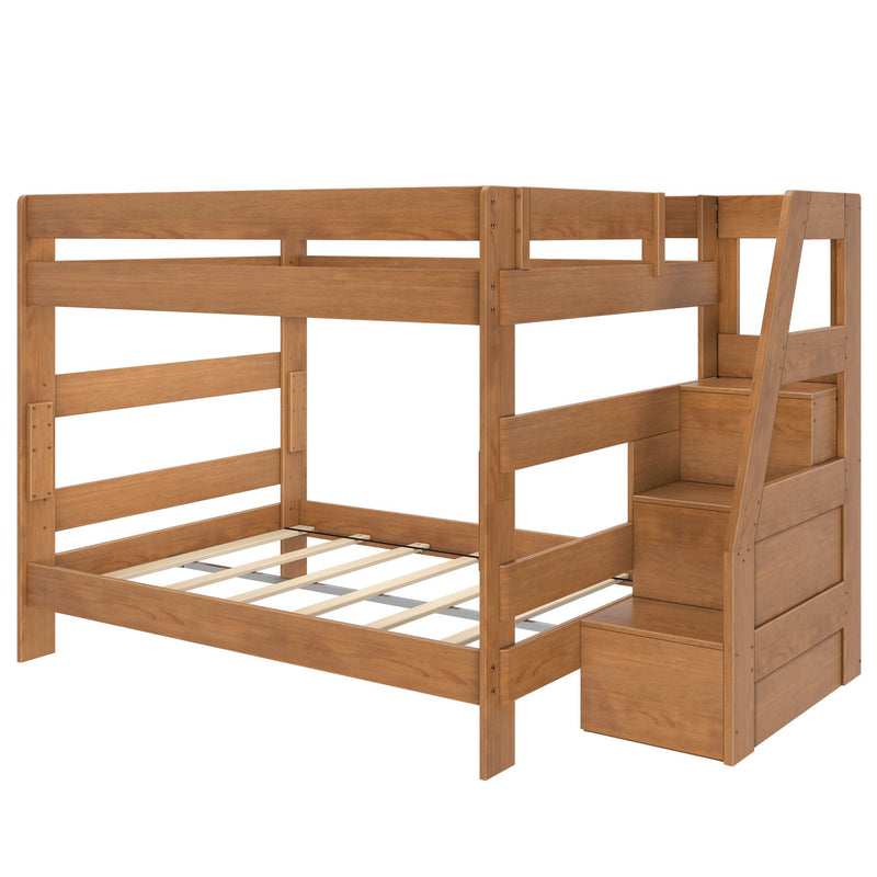 Solid wood twin-over-full bunk bed with built-in staircase drawers, natural wood finish, space-saving kids' bedroom storage