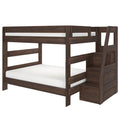 Dark walnut twin-over-full wooden bunk bed with built-in staircase storage drawers, slatted guardrails and white mattresses