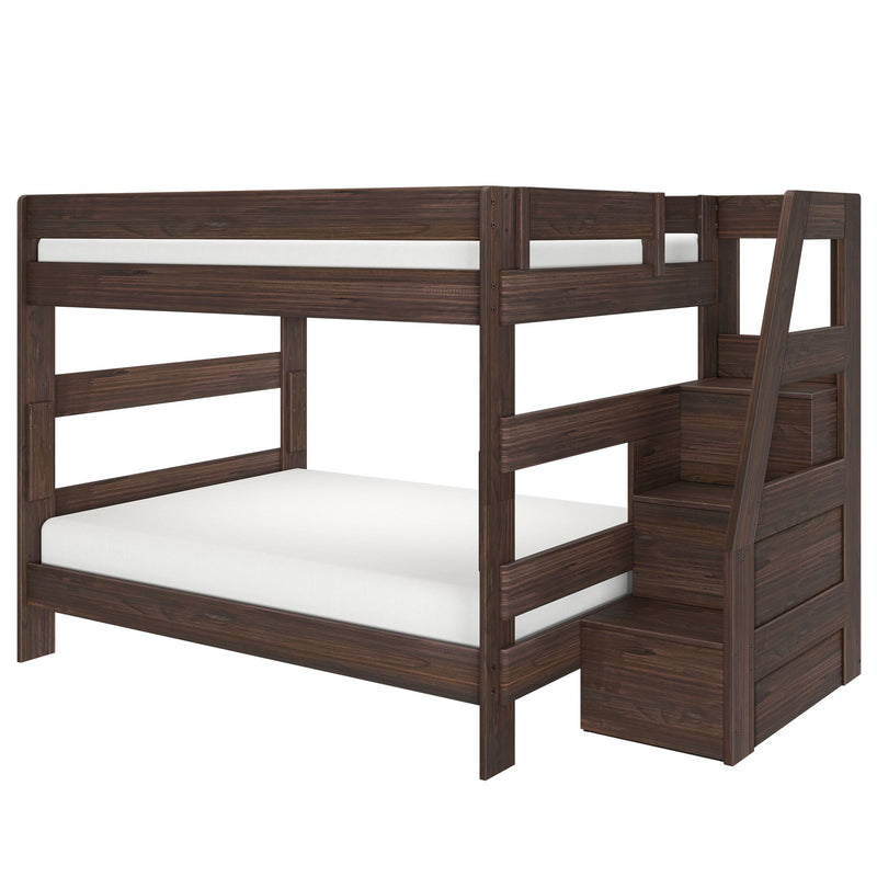 Dark walnut twin-over-full wooden bunk bed with built-in staircase storage drawers, slatted guardrails and white mattresses