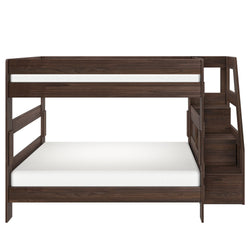 Dark walnut twin-over-full wooden bunk bed with staircase storage, modern space-saving kids' bedroom furniture with white mattresses on white background