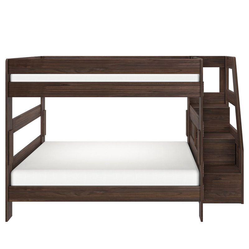 Dark walnut twin-over-full wooden bunk bed with staircase storage, modern space-saving kids' bedroom furniture with white mattresses on white background