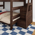 Dark walnut twin bunk bed with built-in staircase storage drawers, beige bedding and blue checkered rug in kids' room