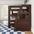 Dark walnut twin-over-twin bunk bed with angled staircase and built-in storage in kids' bedroom, car-print bedding, blue checkered rug, hardwood floor and bright window