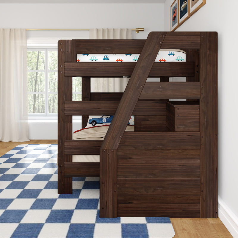 Dark walnut twin-over-twin bunk bed with angled staircase and built-in storage in kids' bedroom, car-print bedding, blue checkered rug, hardwood floor and bright window