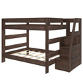 Dark brown wooden bunk bed with built-in staircase storage, slatted platform frames and space-saving modern rustic design for kids and teens