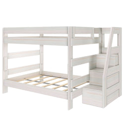 White wooden bunk bed with built-in staircase storage drawers, slatted platform and guardrails — space-saving kids' bedroom furniture
