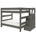 Twin-over-full gray wood bunk bed with integrated staircase storage and ladder, modern farmhouse bedroom furniture