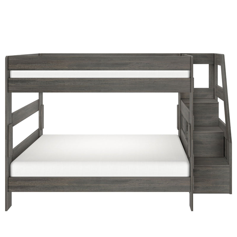 Twin-over-full gray wooden bunk bed with built-in storage staircase and safety guardrails, modern kids' bedroom furniture
