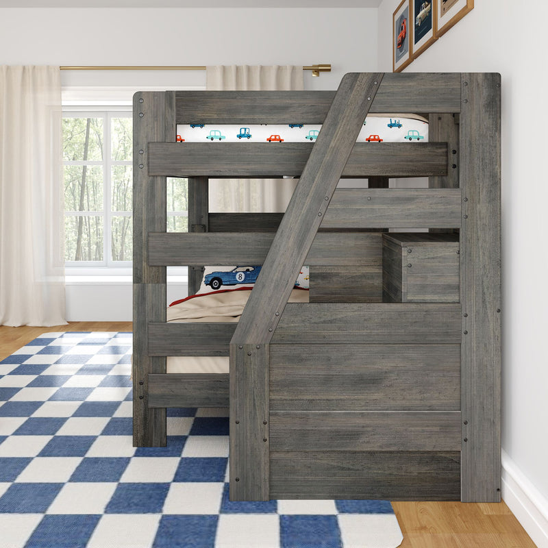 Gray rustic twin bunk bed with staircase storage in kids bedroom, car-themed bedding, blue checkered rug and window with curtains