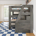 Gray wooden bunk bed with ladder, car-themed kids bedding, blue checkered rug, sheer-curtain window and framed car prints.