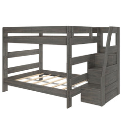 Gray wooden two-tier bunk bed with built-in storage staircase and drawer steps, space-saving kids and teens bedroom frame